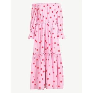 Scoop Voluminous Off Shoulder Maxi Dress Sz‎ Large Polka Dot Pink Red Bright Fun